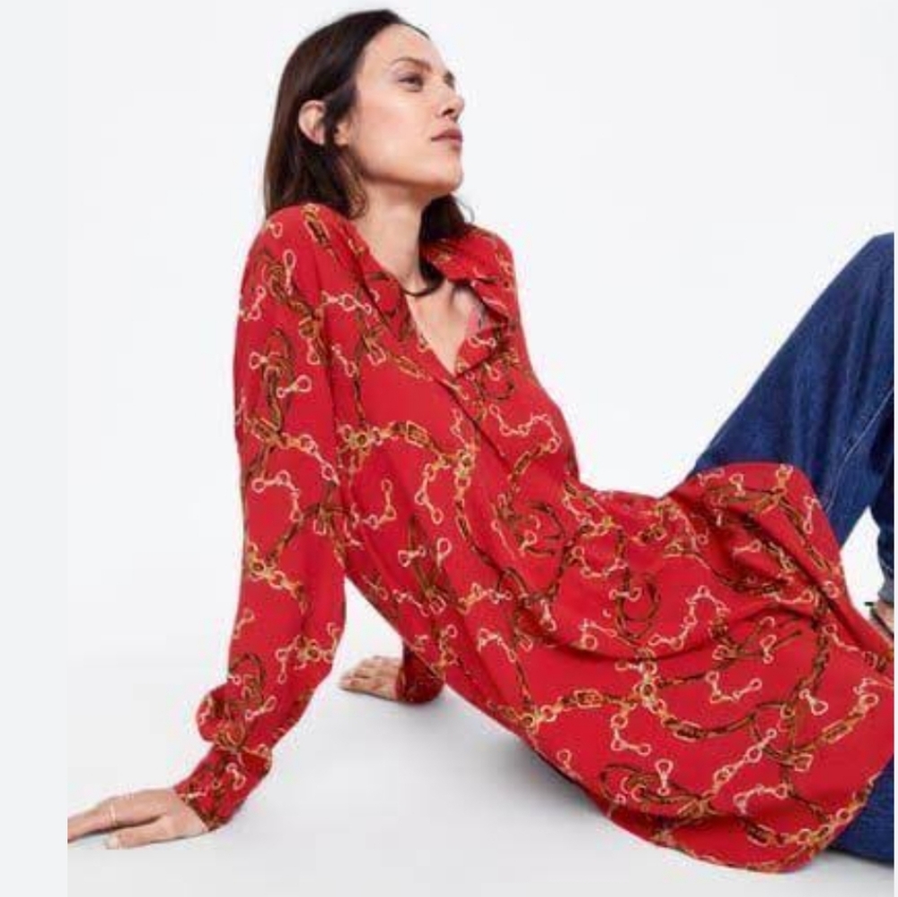 Zara Red Chain print shirt Dress - Picture 12 of 12
